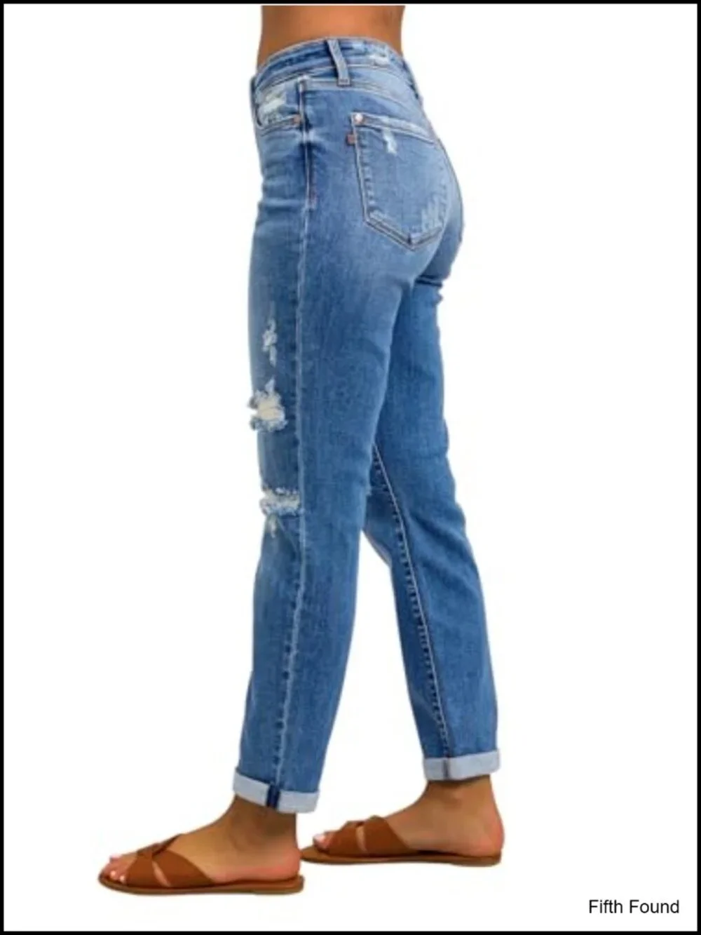 Ripped Mid Waisted Boyfriend Jeans Loose Fit Distressed Stretchy Denim Pants